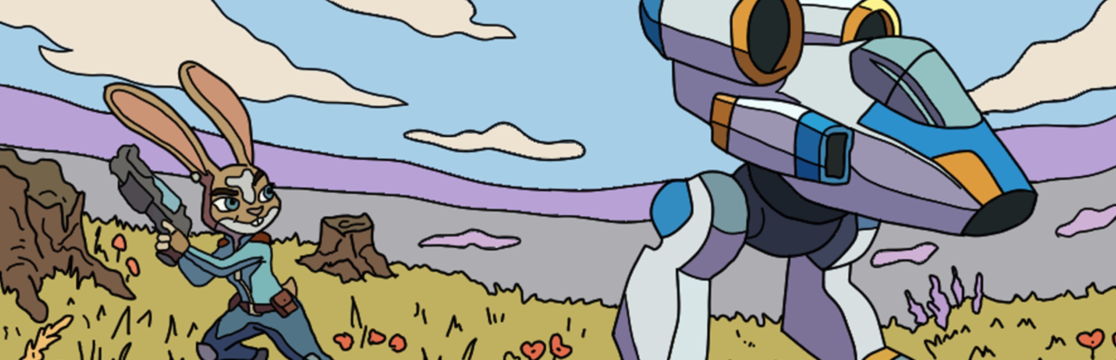 CottonTail — rabbit hero and mech companion in a field